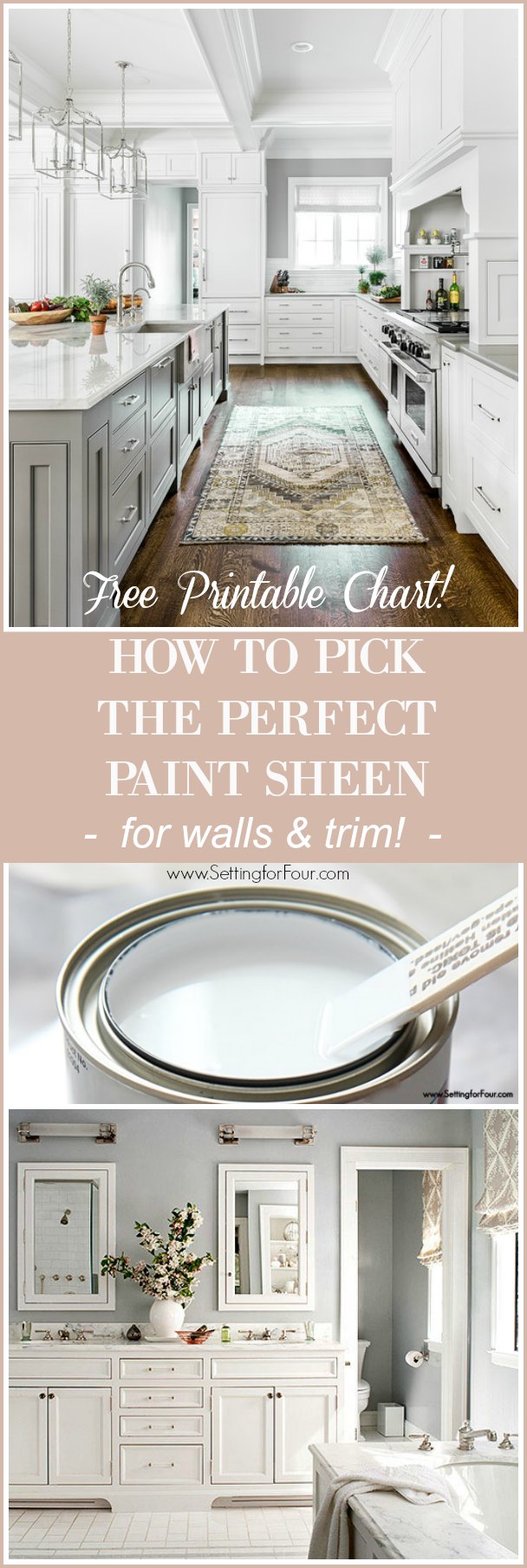 Helpful DIY Home Decor and Paint Tips - How To Pick The Perfect Paint Sheen for Walls, Cabinets and Trim. Free Printable Chart!