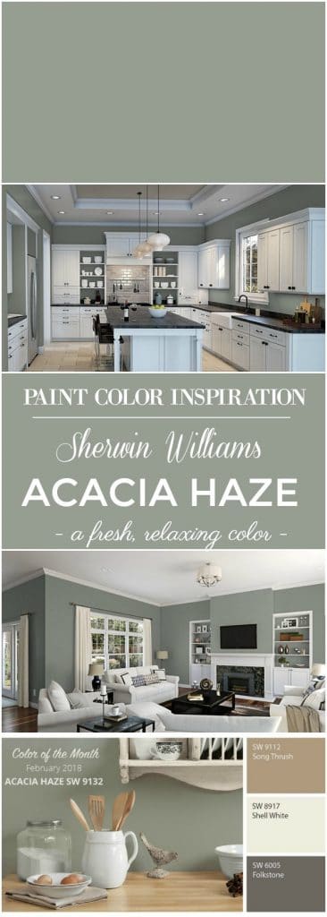 Color Inspiration - Sherwin Williams Acacia Haze Paint Color! This beautiful green paint color is the perfect color choice for the walls of a bedroom, living room, kitchen or for exterior siding and shutters of a home! This neutral paint color is fresh and relaxing!