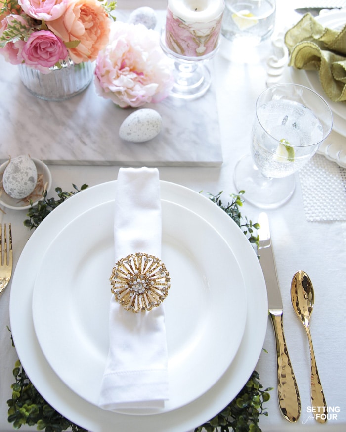 Easter table ideas: dinnerware, centerpiece ideas, cutlery and chargers.