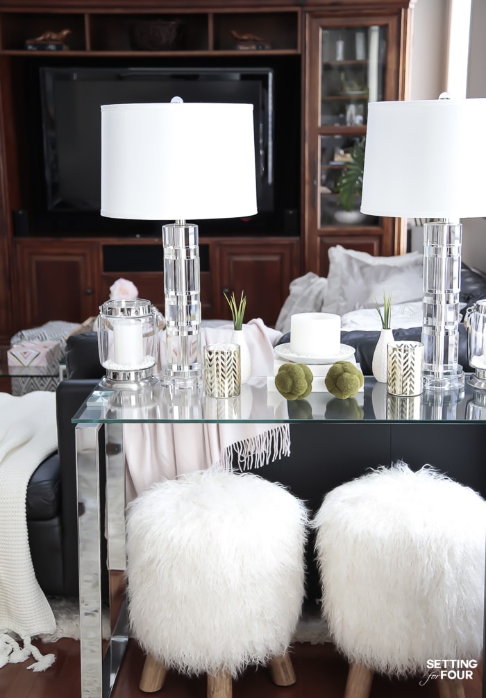 Console Table Decor Ideas For Everyday. table lamps, stool ottomans, decor, candles, interior design, table styling ideas.