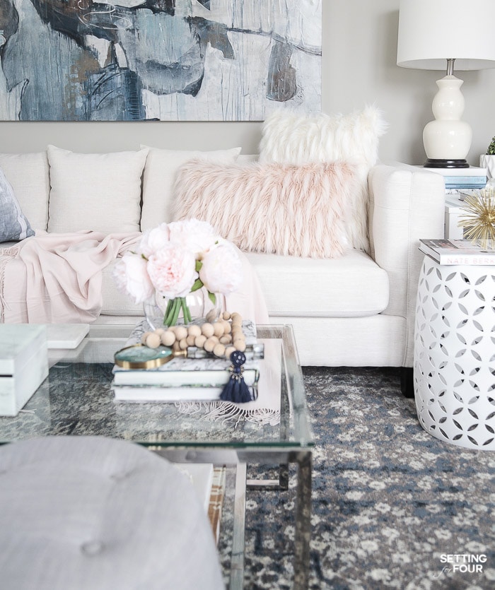 Blush and blue living room decorating ideas.