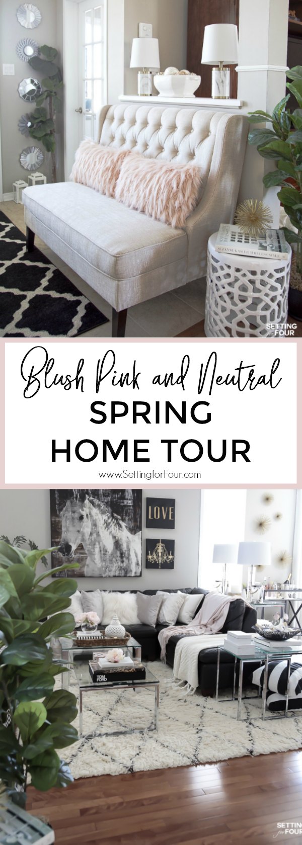 See my blush pink and neutral decor Spring home tour and discover lots of new Spring interior decor ideas for your home! I've added lots of blush pink colors, floral arrangements to my neutral decor - see them all! You'll also be able to peak into 30 talented design blogger's Spring home tours too - decor inspiration for every room in your house! #homedecor #Spring #hometour #entryway #familyroom #diningroom