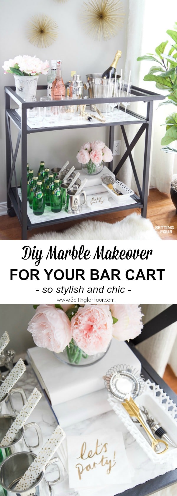 DIY Marble Bar Cart Top and Shelf Setting For Four Interiors
