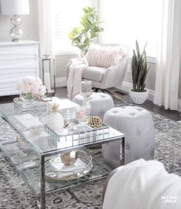 Winter Decor Ideas for the Living Room - pink, white and gray.