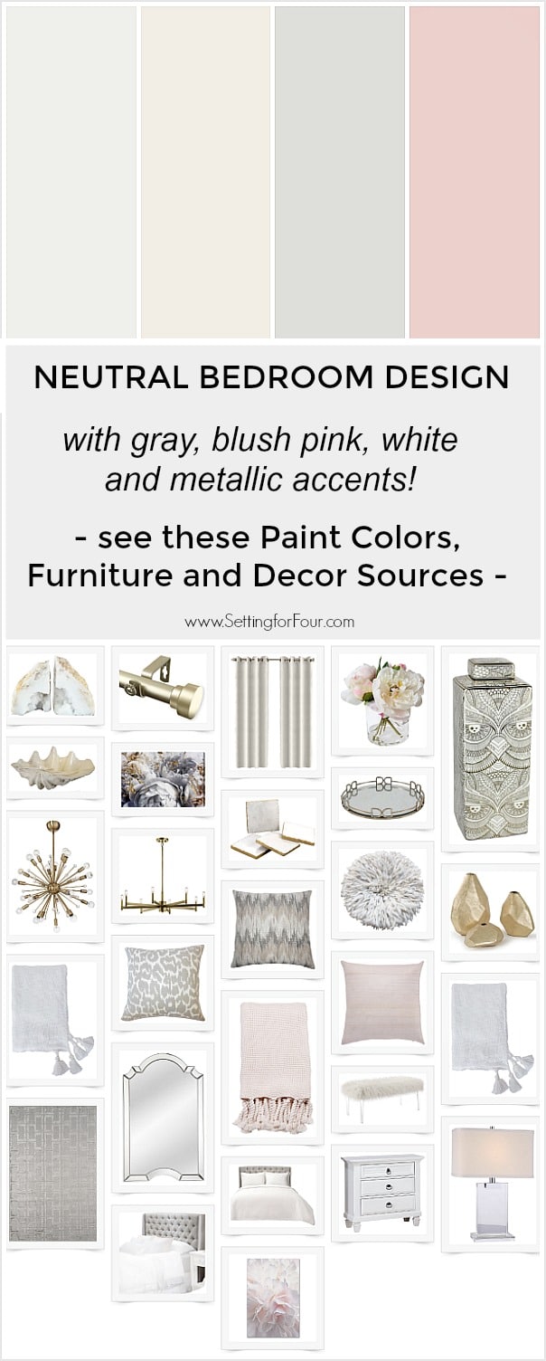 Thinking about a bedroom makeover? See this dreamy bedroom design with a color palette that combines neutral grays and whites with the trend color blush pink! Layering mixed metallics in gold and silver and beautiful textiles create an elegant and relaxing feel to the space. See all of these paint colors, furniture and decor sources. #decor #homedecor #bedroom #design #furniture