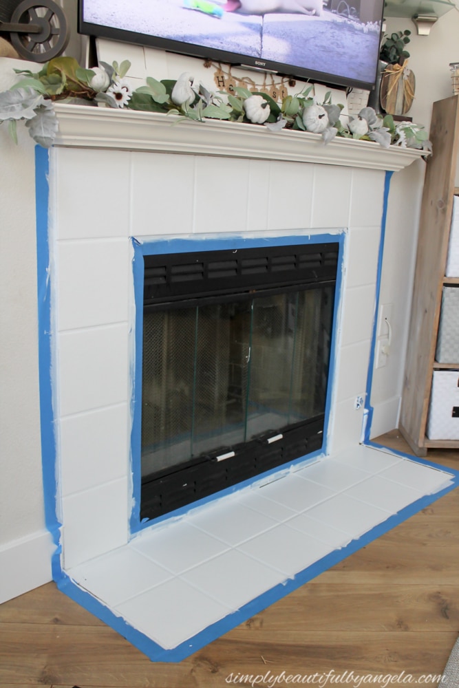 DIY Painted and Stencilled Tile on Fireplace