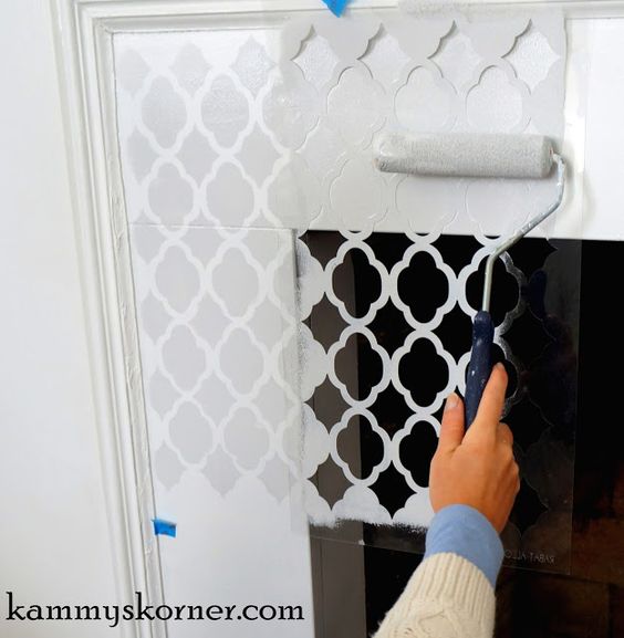 Painted and Stenciled Tile Fireplace Makeover #diy #paint #fireplace #tile #homedecor