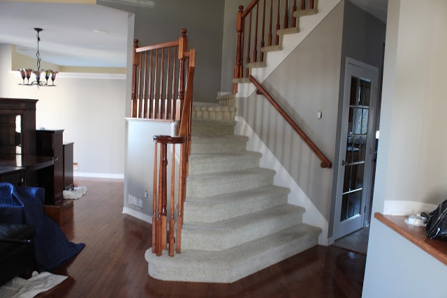 Remove carpeting on stairs and install hardwood.