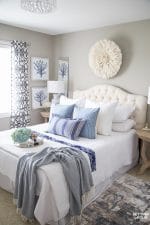 Lighten and brighten your bedroom for summer with these 7 simple summer bedroom decorating ideas! Read my design tips on selecting summery color palettes, bedding, fabric patterns and art! #decor #decoratingideas #decorating #summer #bedroom