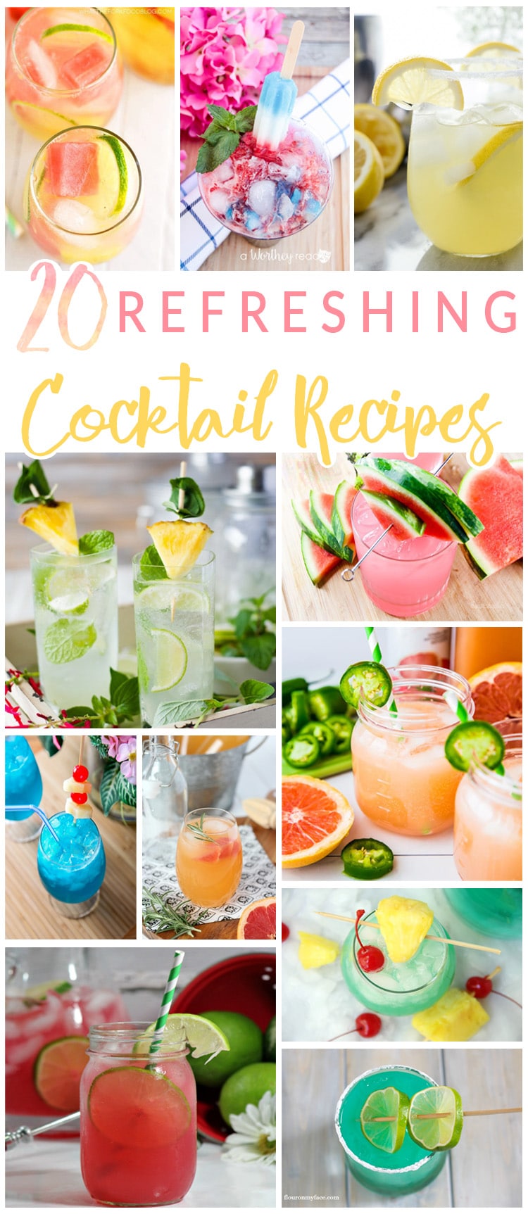 These 20 Refreshing Cocktail Recipes are a great way to add some fun to your happy hour or serve at parties and special events! I love trying new cocktail recipes! #entertaining #cocktails #recipes #drinks #party