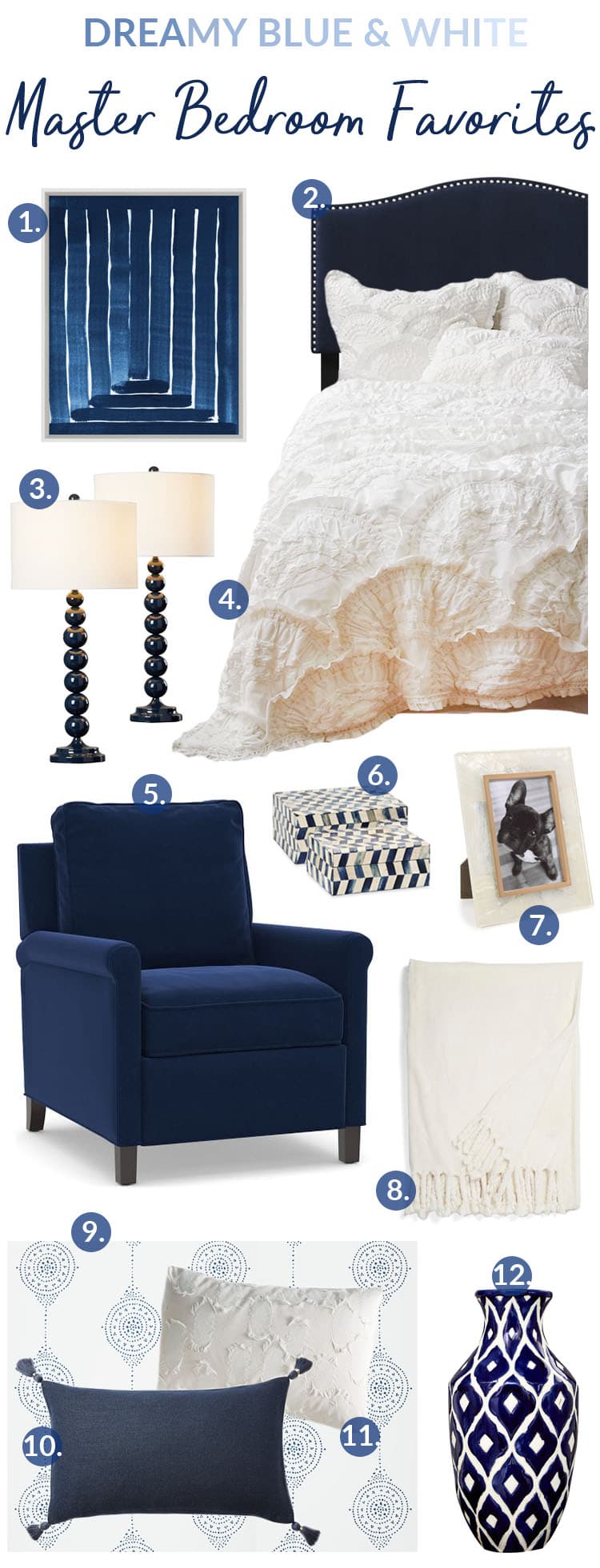 Dreamy Blue and White Master Bedroom Favorites. #decor #bedroom #blue #white #design #decorideas