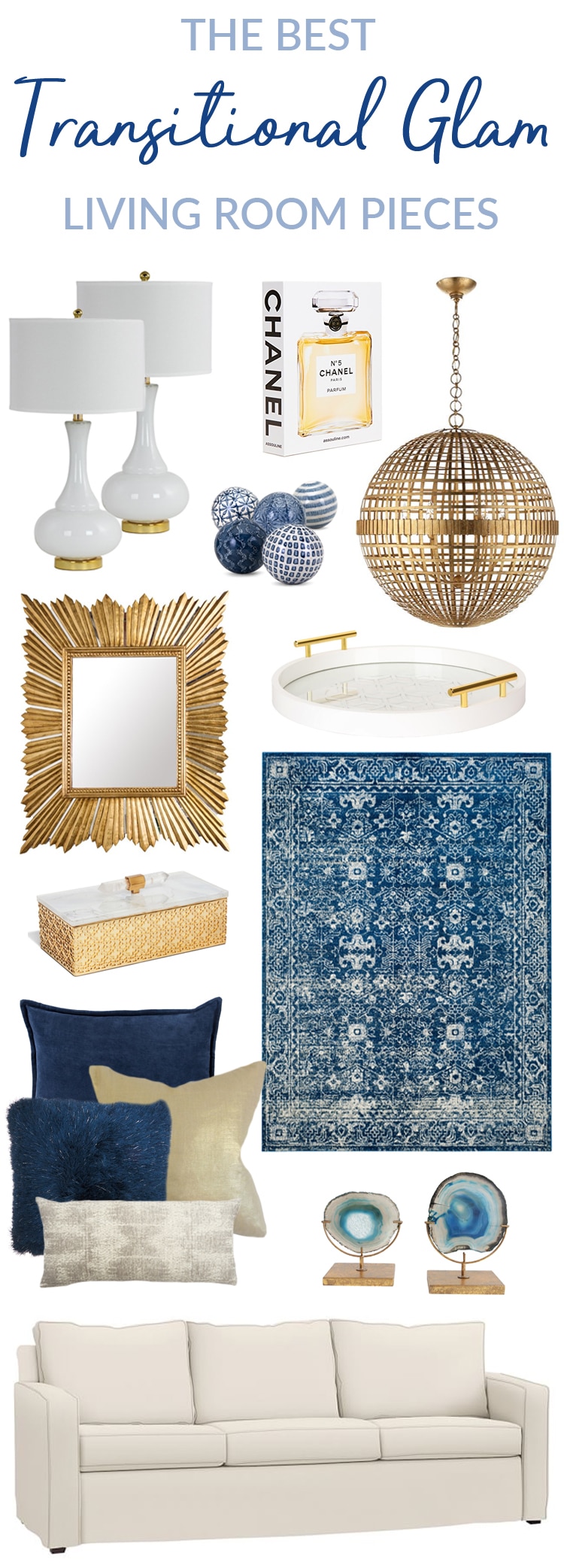 See the BEST Transitional Glam Living Room Pieces! These pieces will update your decor instantly. If you love traditional meets contemporary style, metallics, gold, white and blue then these decor ideas are for you!