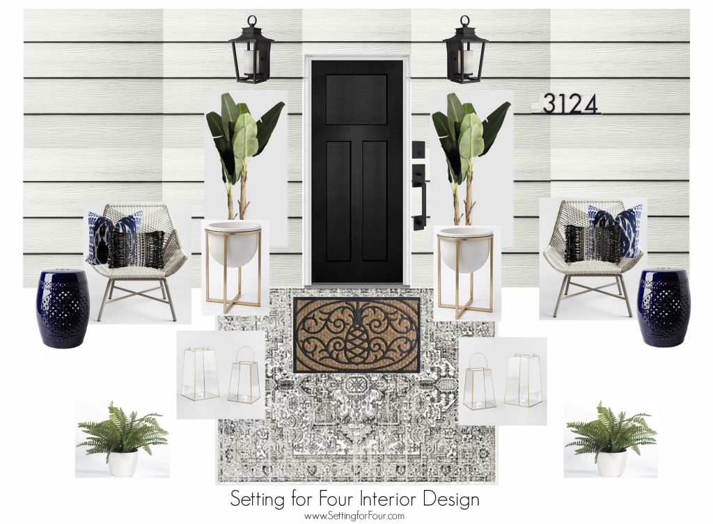 12 Curb Appeal Design Elements & Porch Decor Tips. Plus a FREE home exterior and porch design plan with shopping sources for the products! #curbappeal #decor #porch #exterior #moodboard #homeimprovement #design #siding #decorideas #houseexterior #housecolorschemes #JamesHardieInspired