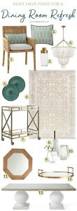 Thinking of making over your dining room or giving it a little refresh? See these 13 Must Have Finds for a Dining Room Refresh! Gorgeous furniture, rug, lighting, mirror, accessory and pillow ideas in a white, gold and green color scheme!