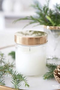 DIY Forest Pine Candle In A Jar – learn how to make pine scented candles for fall, Christmas or anytime! See how to make the painted gold lid too! This candle makes a great handmade gift idea! #diy #tutorial #candle #pine #fragrance #gift #decor #fall #christmas
