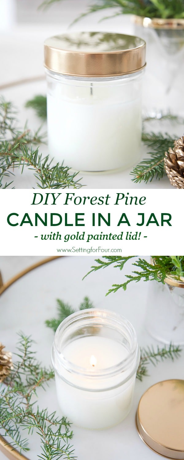 DIY Forest Pine Candle in a jar with gold painted lid! #diy #tutorial #gold #paint #spraypaint #candle #pine #fragrance #gift #decor #fall #christmas #glam