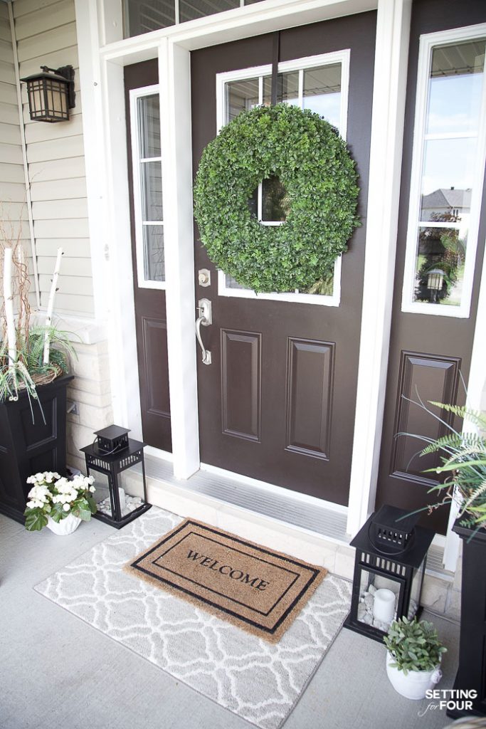 Front Porch Decor Ideas. #rug #decor #porch #decorideas #wreath #door #lanterns #planter