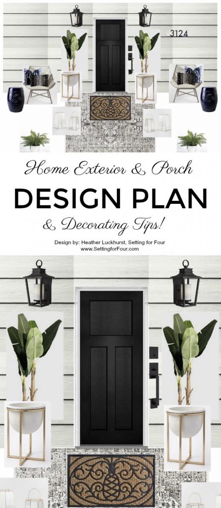 12 Curb Appeal Design Elements & Porch Decor Tips. Plus a FREE home exterior and porch design plan with shopping sources for the products! #curbappeal #decor #porch #exterior #moodboard #homeimprovement #design #siding #decorideas #houseexterior #housecolorschemes #JamesHardieInspired