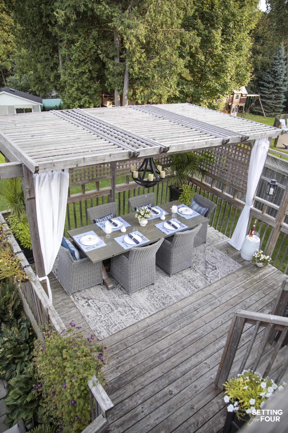 How to Create A Beautiful Pergola Dining Area - Furniture, Rug, Lighting, Table Setting & Decorating Ideas #pergola #outdoor #decor #design #diningroom #arearug #placesetting #landscaping