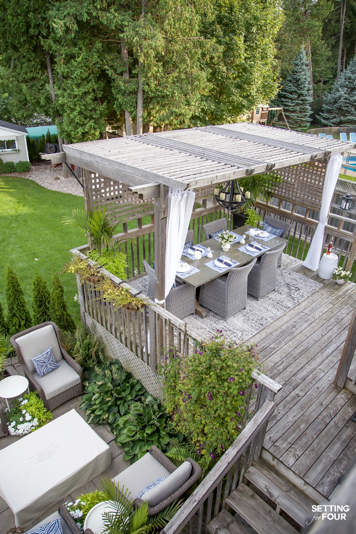 How to Create A Beautiful Pergola Dining Area - Furniture, Rug, Lighting, Table Setting & Decorating Ideas #pergola #outdoor #decor #design #diningroom #arearug #placesetting #landscaping