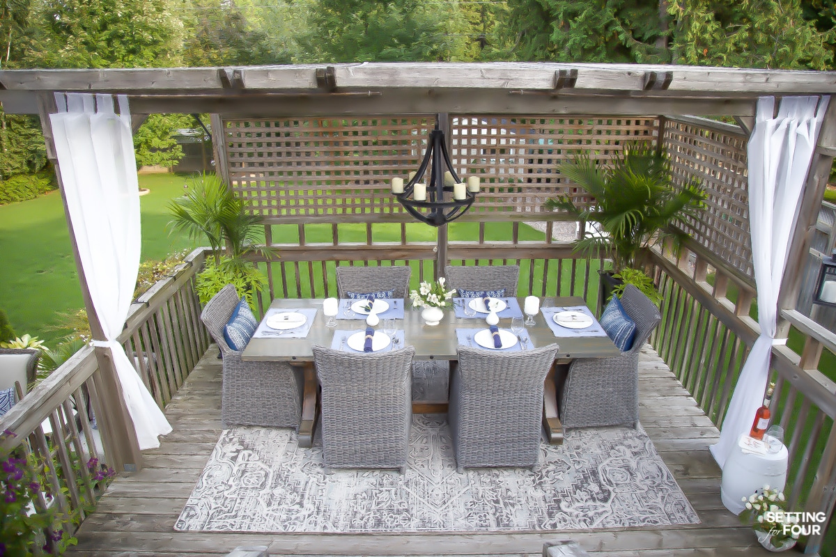 How to Create A Beautiful Pergola Dining Area - Furniture, Rug, Lighting, Table Setting & Decorating Ideas #pergola #outdoor #decor #design #diningroom #arearug #placesetting #landscaping