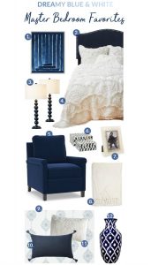 Dreamy Blue and White Master Bedroom Favorites. #decor #bedroom #blue #white #design #decorideas