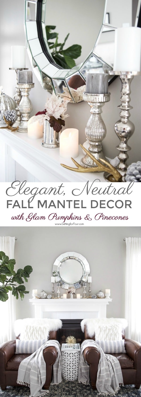 Elegant, Neutral Fall Mantel Decor Ideas with glam pumpkins & pinecones #fall #autumn #fireplace #mantel #decor #decorations #pumpkin #pinecones #leaves #candles #livingroom