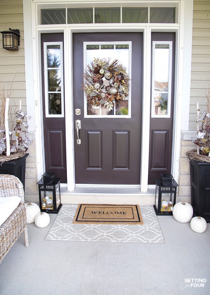 Simple Fall Porch Decorating Ideas With Big Impact! #rug #urn #curbappeal #simple #fall #porch #decor #pumpkins #leaves #mums