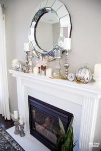 Elegant Neutral Fall Mantel With Glam Pumpkins and Pinecones
