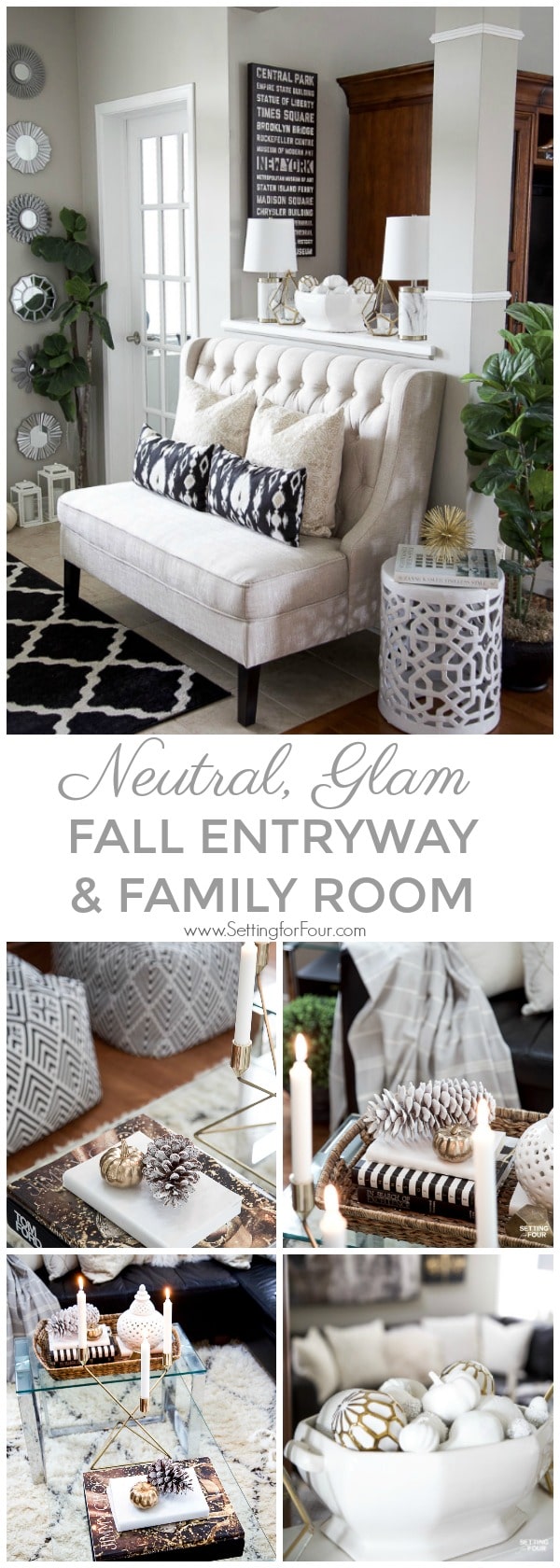 Neutral Glam Fall Entryway & Family Room decor ideas. #neutral #glam #elegant #fall #foyer #entryway #familyroom #decor #design #home