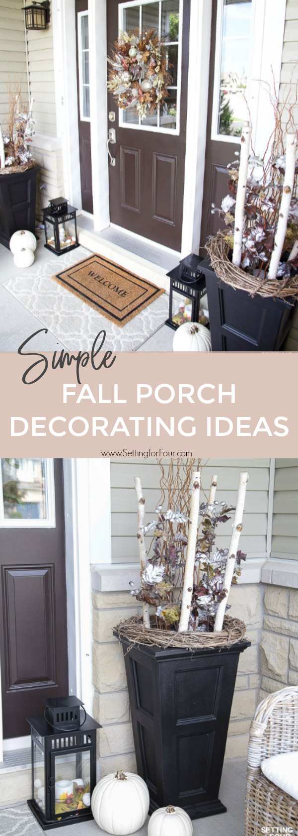 Simple Fall Porch Decorating Ideas With Big Impact! #container #urn #birch #simple #fall #porch #decor #pumpkins #leaves #mums