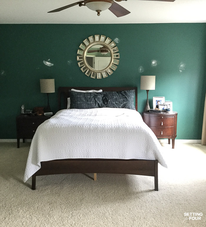 Master bedroom green paint color - before the decor makeover. #bedroom #paint #green #makeover #design 