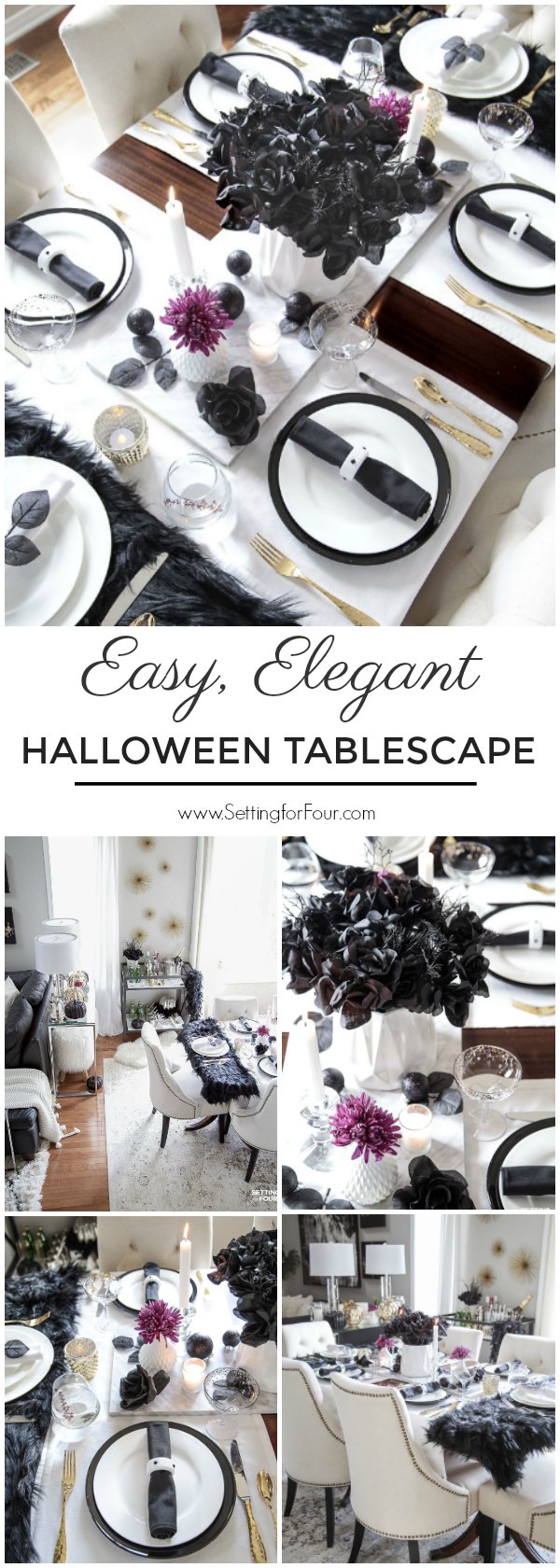 Easy Elegant Halloween Table Decorations & Centerpiece Idea. Spooky black rose centerpiece.#halloween #decor #spooky #centerpiece #table #entertaining #party #elegant #easy