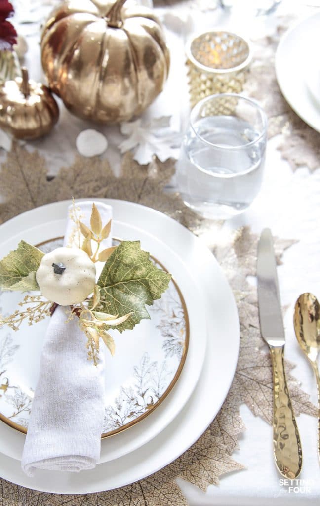 Elegant White & Gold Thanksgiving Table Setting - Setting For Four ...