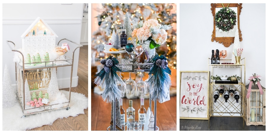 See 6 beautiful bar carts styled for the holidays with festive decor ideas #festive #cheery #decor #entertaining #barcart #bar #cart 