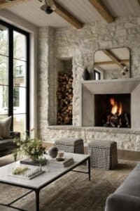 Cozy living room decor ideas with a stone fireplace, wood beams and neutral design