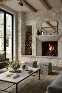 Cozy living room decor ideas with a stone fireplace, wood beams and neutral design
