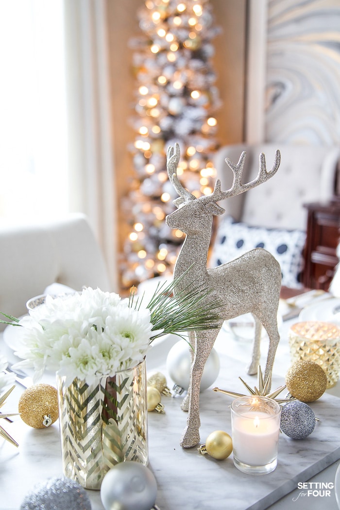 See my Styled and Set Christmas Table Decor Ideas - tips on seating, centerpiece ideas, place setting ideas, festive decor and more! #tablesetting #gold #white #silver #elegant