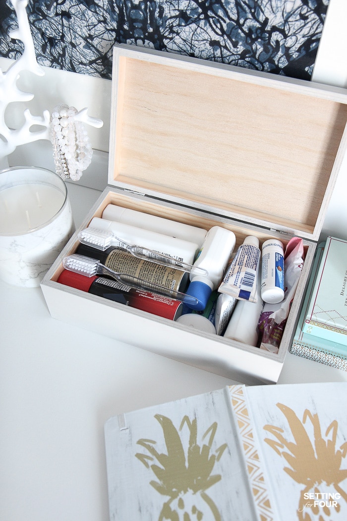 Guest bedroom essentials: a box of travel size toiletries.#ad #simple #guest #bedroom #toiletries #essentials #PersilLaundry