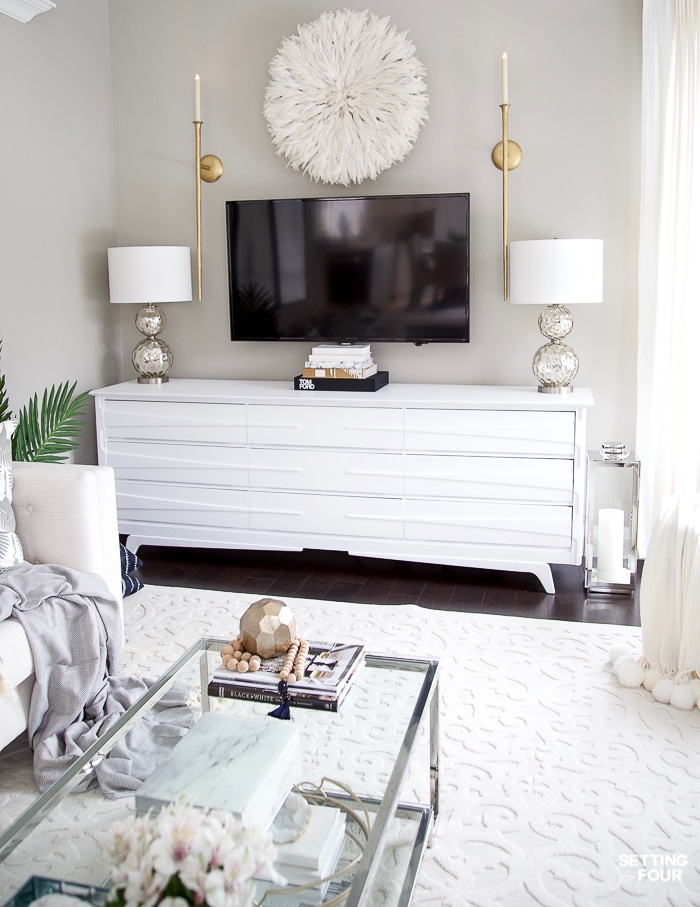 Living Room Makeover and design ideas - New TV Stand, Wall Art, Rug & Pillows! #decor #design #tvunit #tvstandideas #tvwall #sconces #tvdecorideas #wallart #mediaroom #mediaconsole