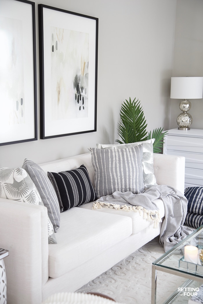 Living Room Makeover - New TV Stand, Wall Art, Rug & Pillows! #decor #design #art #wallart #paintcolor #sofa #pillows #arearug #furniturelayout