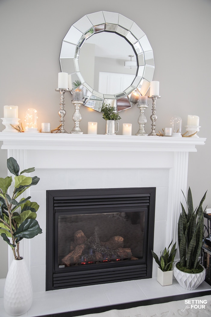 Living Room Makeover #decorideas #interior #interiordesign #livingroom #fireplace #mantel #manteldecor #mirror #plants #decoration