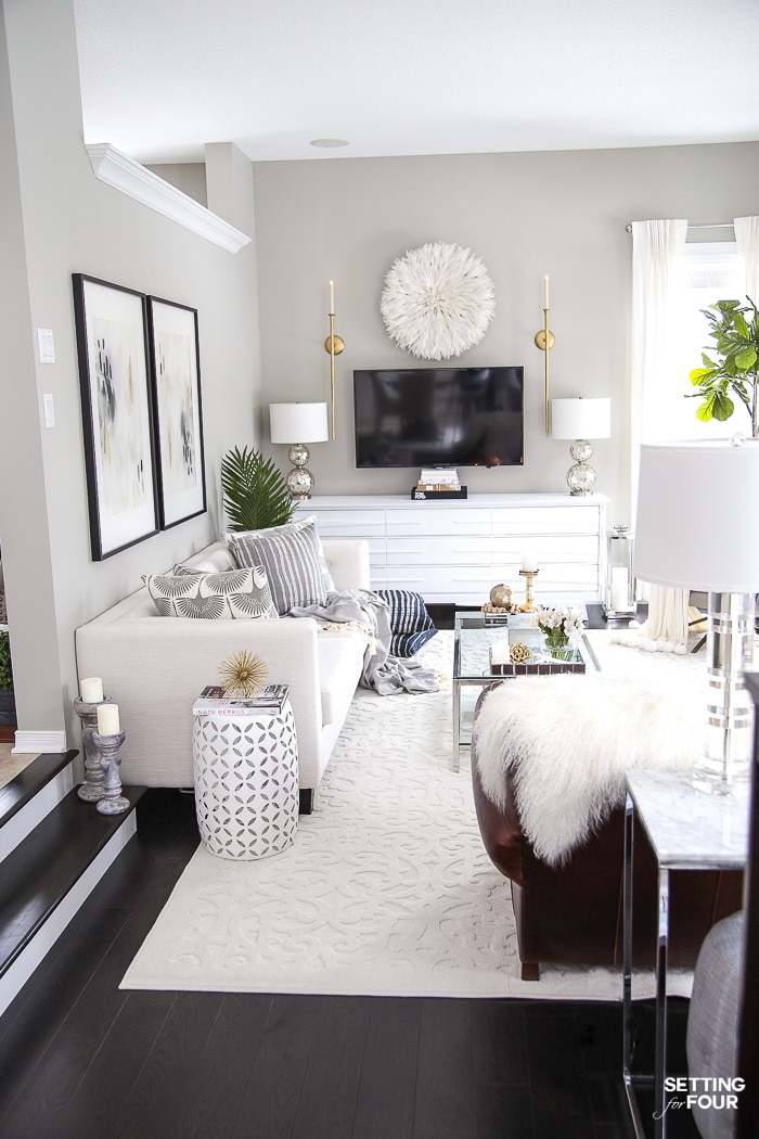 Living Room Makeover and design ideas - New TV Stand, Wall Art, Rug & Pillows! #interiordesignideas #interiordecorating #livingroomideas #livingroomdecor #livingroomfurniture #livingroomdecorations