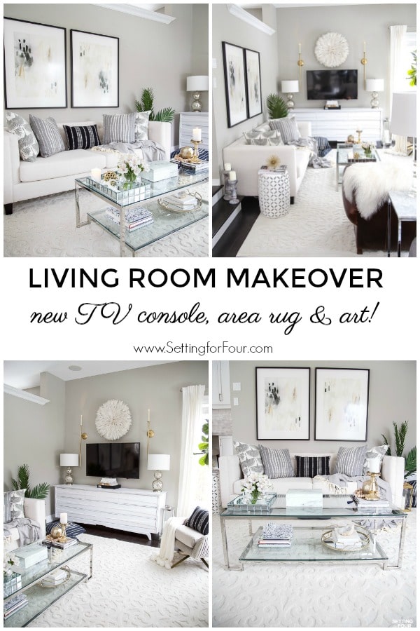 Living room makeover! See the new TV unit, area rug and art I added! #tv #furniture #art #arearug #livingroom #makeover #decor #design #decorations #furniturelayout