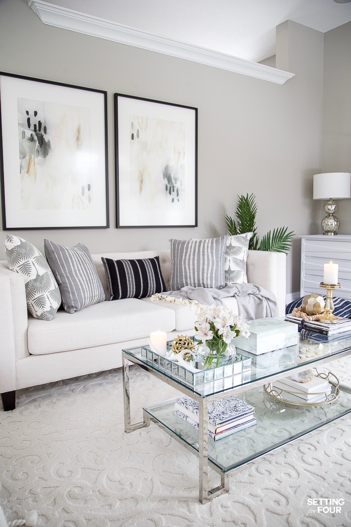 Living Room Makeover and design ideas - New TV Stand, Wall Art, Rug & Pillows! #livingroom #sofa #sofaideas #chesterfield #tuft #paintcolors #gray #grey #tufted #molding #wallmolding