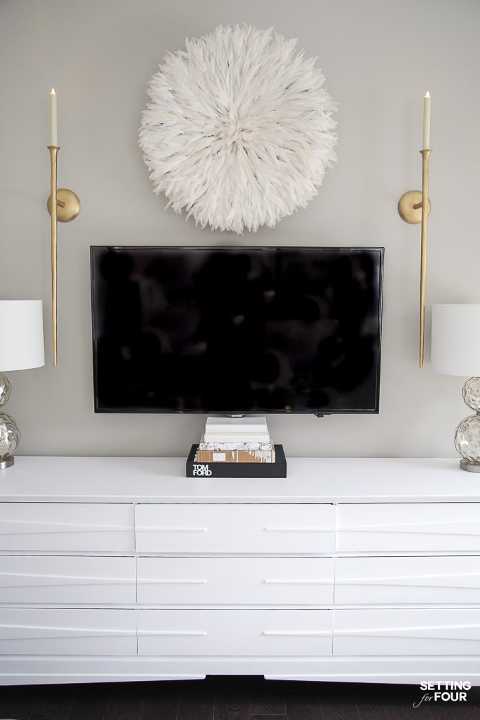 Living Room Makeover and design ideas - New TV Stand, Wall Art, Rug & Pillows! #decor #livingroom #lighting #sconce #tvstand #tvunits #tvconsole #mediaunit #sconces #tvdecorideas #wallart 