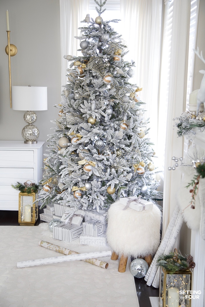 Beautiful Silver & Gold Flocked Christmas Tree Decorations. #christmas #christmastree #christmastreedecorations #christmasdecor #holidaydecor