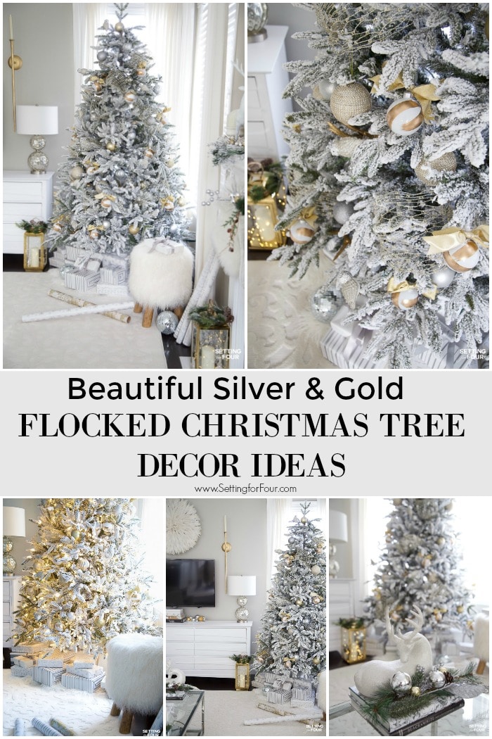 Beautiful Silver & Gold Flocked Christmas Tree Decorations. #christmas #christmastree #xmastree #christmasdecor #holidaydecor #white #flocked