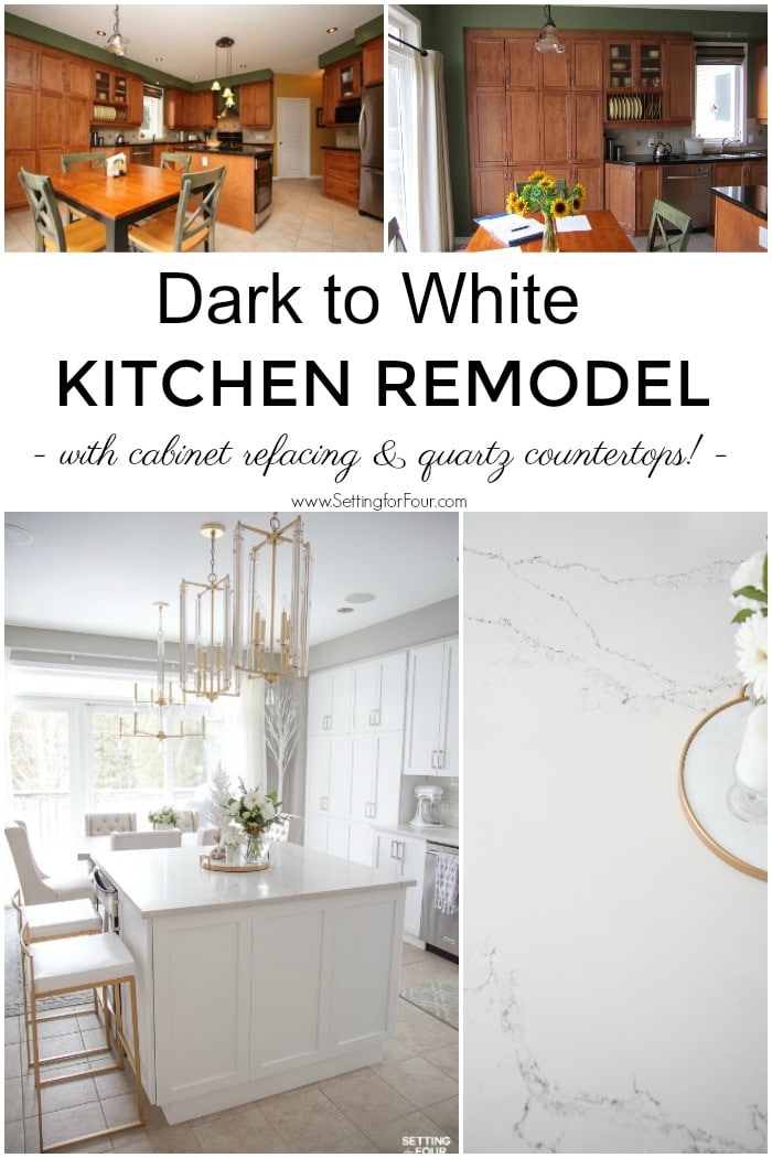 Dark to White Kitchen remodel ideas. Before and after pictures with details on new white cabinets, lighting and Caesarstone quartz countertops. #kitchen #renovation #white #cabinets #caesarstone #quartz #countertop #subway #tile #backsplash