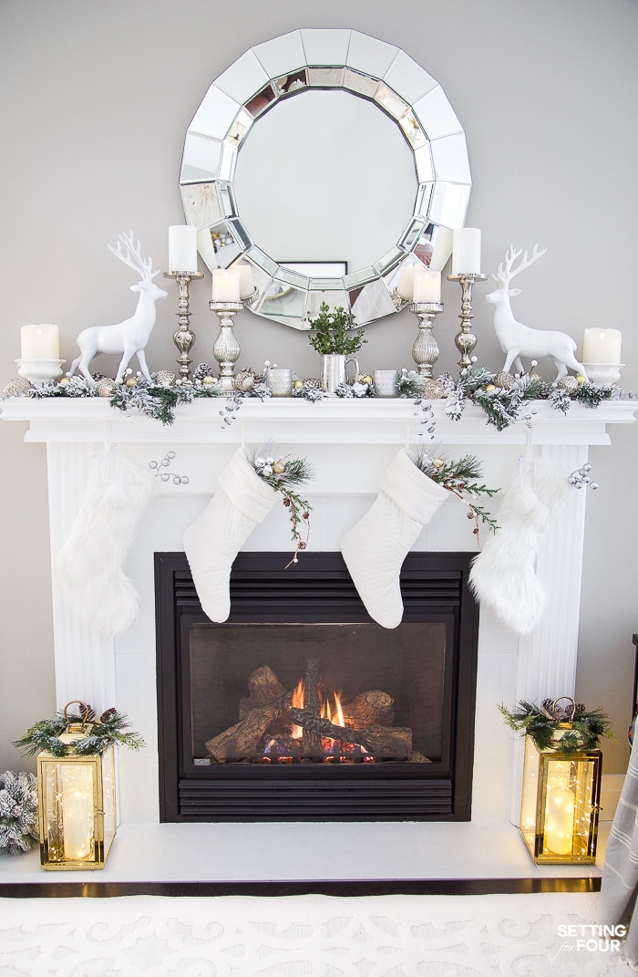 Christmas Mantel Decorating Ideas With Deer, Stockings & Decorative